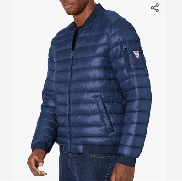 GUESS men's Bomper Puffer navy jacket fits L - Picture 1 of 14